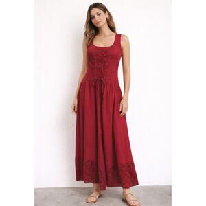 The Pyramid Collection Renaissance Lace Up Rayon Maxi Dress Red Boho Festival S